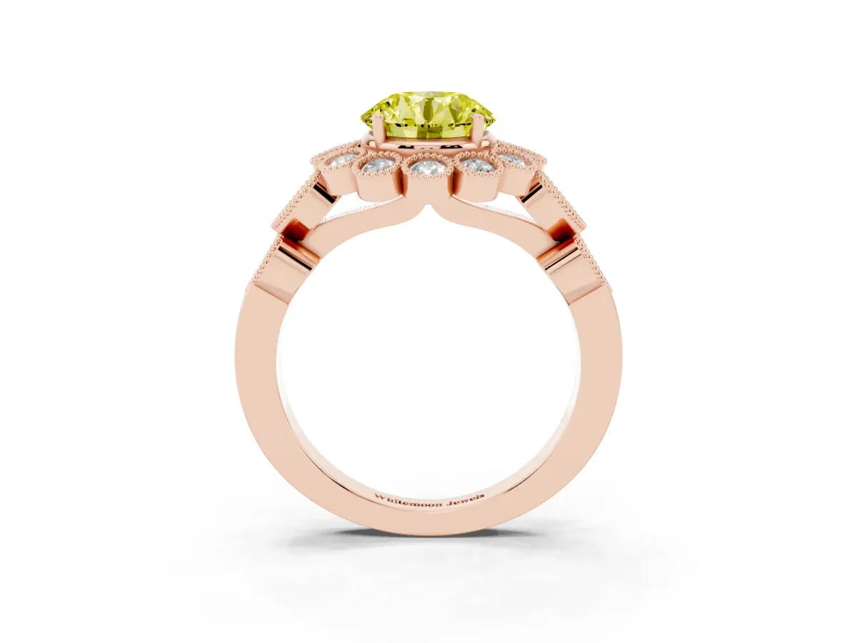 Fancy Yellow Round Cut Brilliant Milgrain Pave Heart Band Solitaire Ring Rose gold