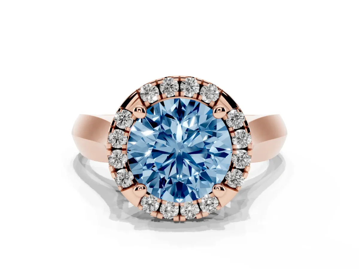 Fancy Blue Round Cut Cut Halo Solitaire Engagement Ring with Square Band and Four-Prong Setting Rose gold