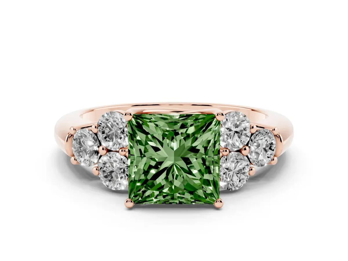 Fancy Green Princess Cut Cut Diamond Cluster Ring with Round Accent Stones and Prong Setting on a Classic Band Rose gold