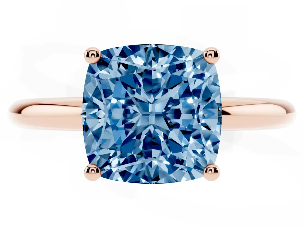 Fancy Blue Cushion Cut Cut Solitaire Engagement Ring with Four-Prong Setting and Classic Band Rose gold