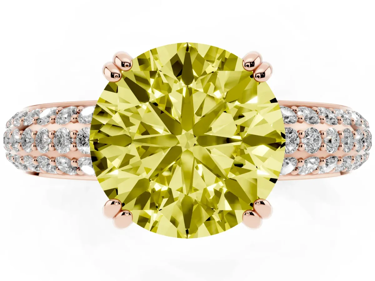 Fancy Yellow Round Cut Diamond Solitaire Ring with Multi-Row Round Pavé Band and Prong Setting Rose gold