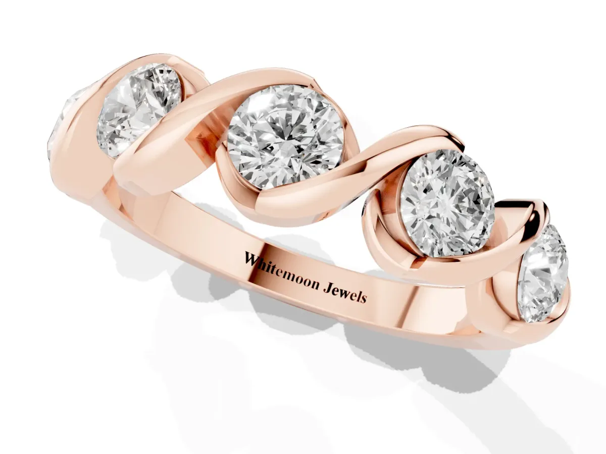 Round Diamond Wave Band with Channel Setting and Shared Prongs Rose gold