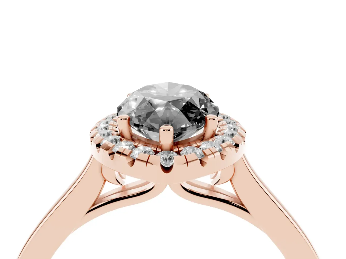 Fancy Black Marquise Cut Halo Round Diamond Solitaire Ring with Pavé Band and Four-Prong Setting Rose gold