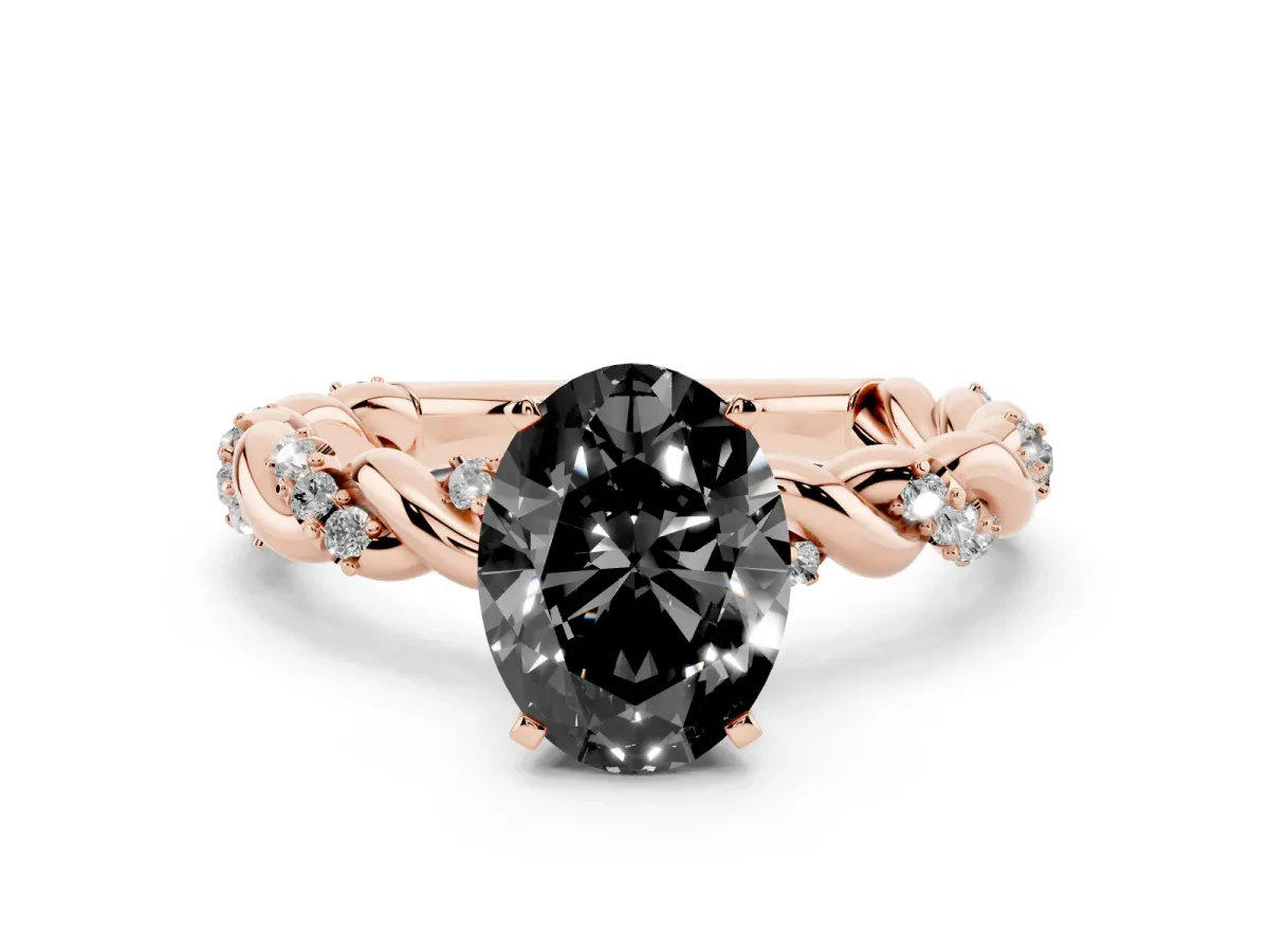 Fancy Black Oval Cut Diamond Solitaire Ring with Twisted Band and Pavé Accents Rose gold