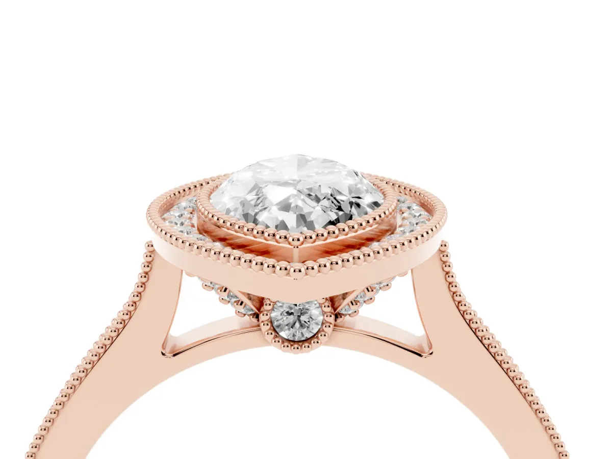 Halo Marquise Cut-Cut Diamond Pave Band Milgrain Prong Setting Ring Rose gold
