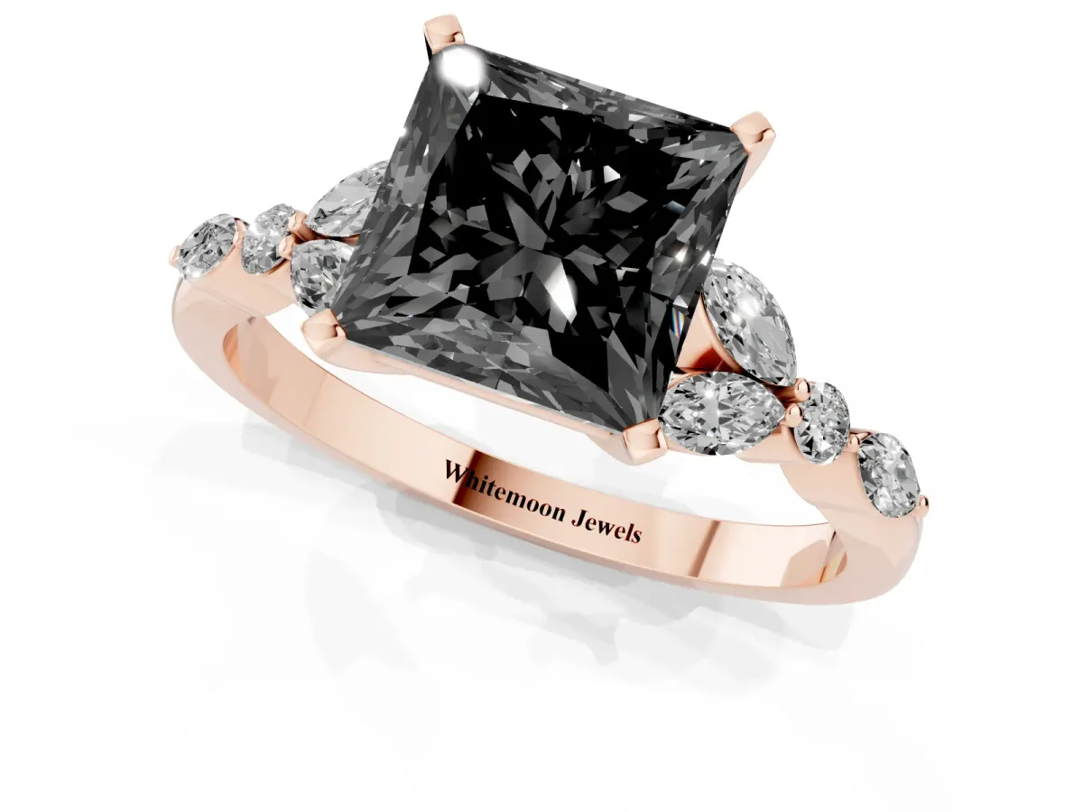 Fancy Black Princess Cut Diamond Solitaire Ring with Side Stones and Four-Prong Setting Rose gold