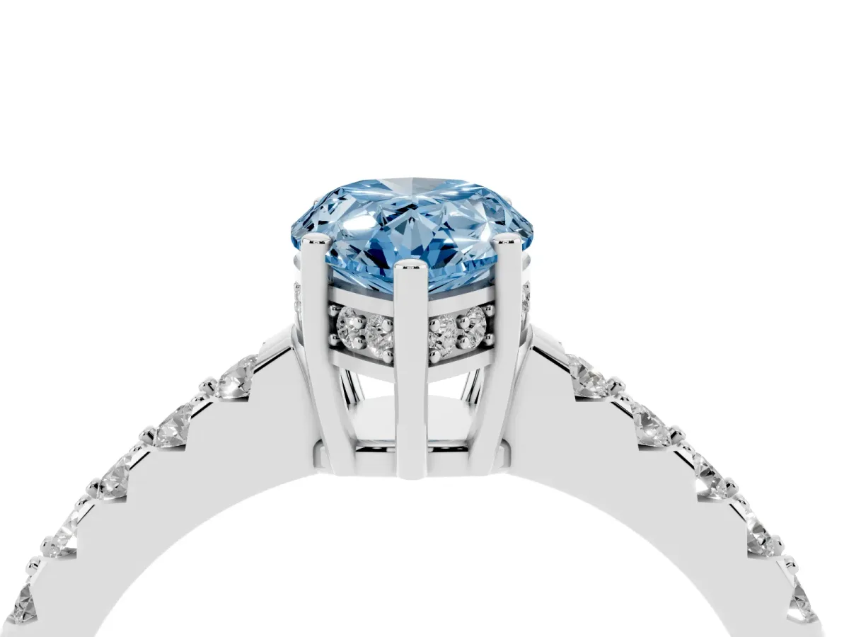 Fancy Blue Pear Cut Solitaire Diamond Engagement Ring with Pavé Band and Six-Prong Setting Silver