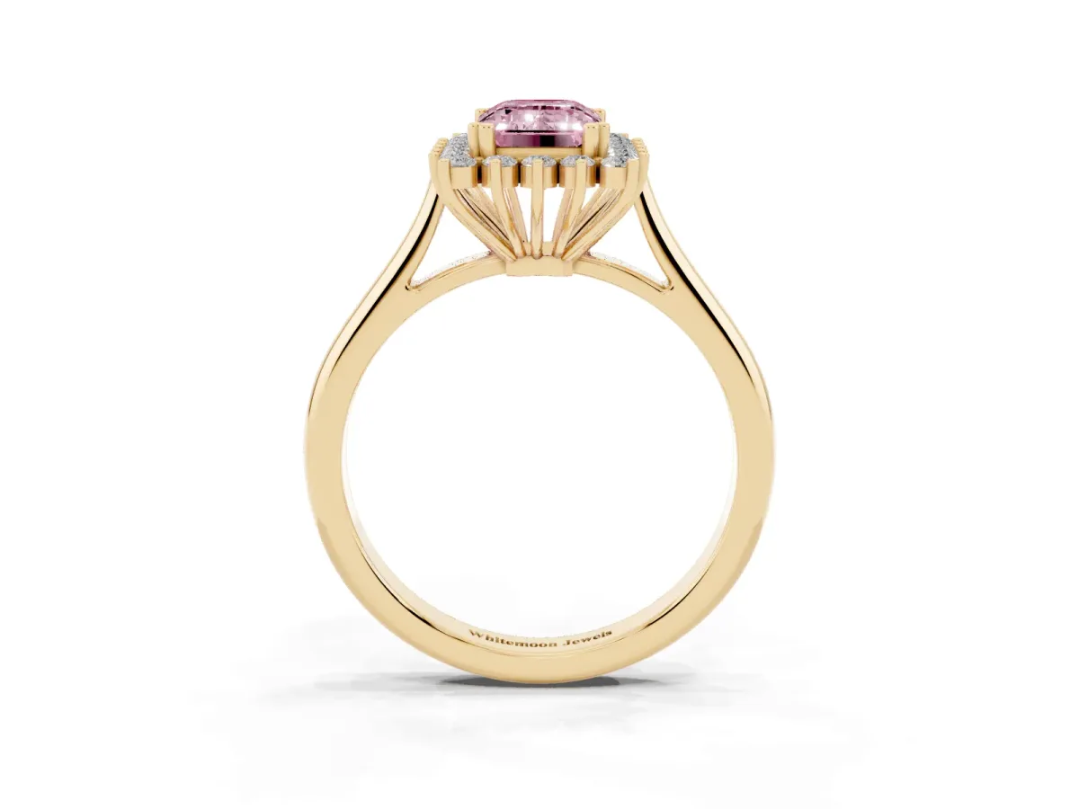 Fancy Pink Emerald Cut Cut Diamond Halo Ring with Solitaire Band and Prong Setting Yellow gold