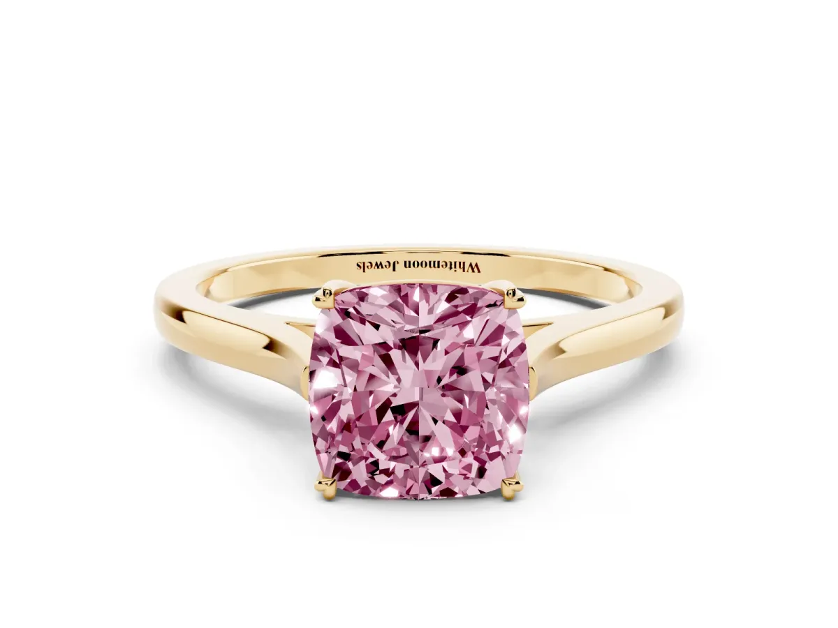 Fancy Pink Cushion Cut Solitaire Heart Prong Engagement Ring with Tapered Band Yellow gold