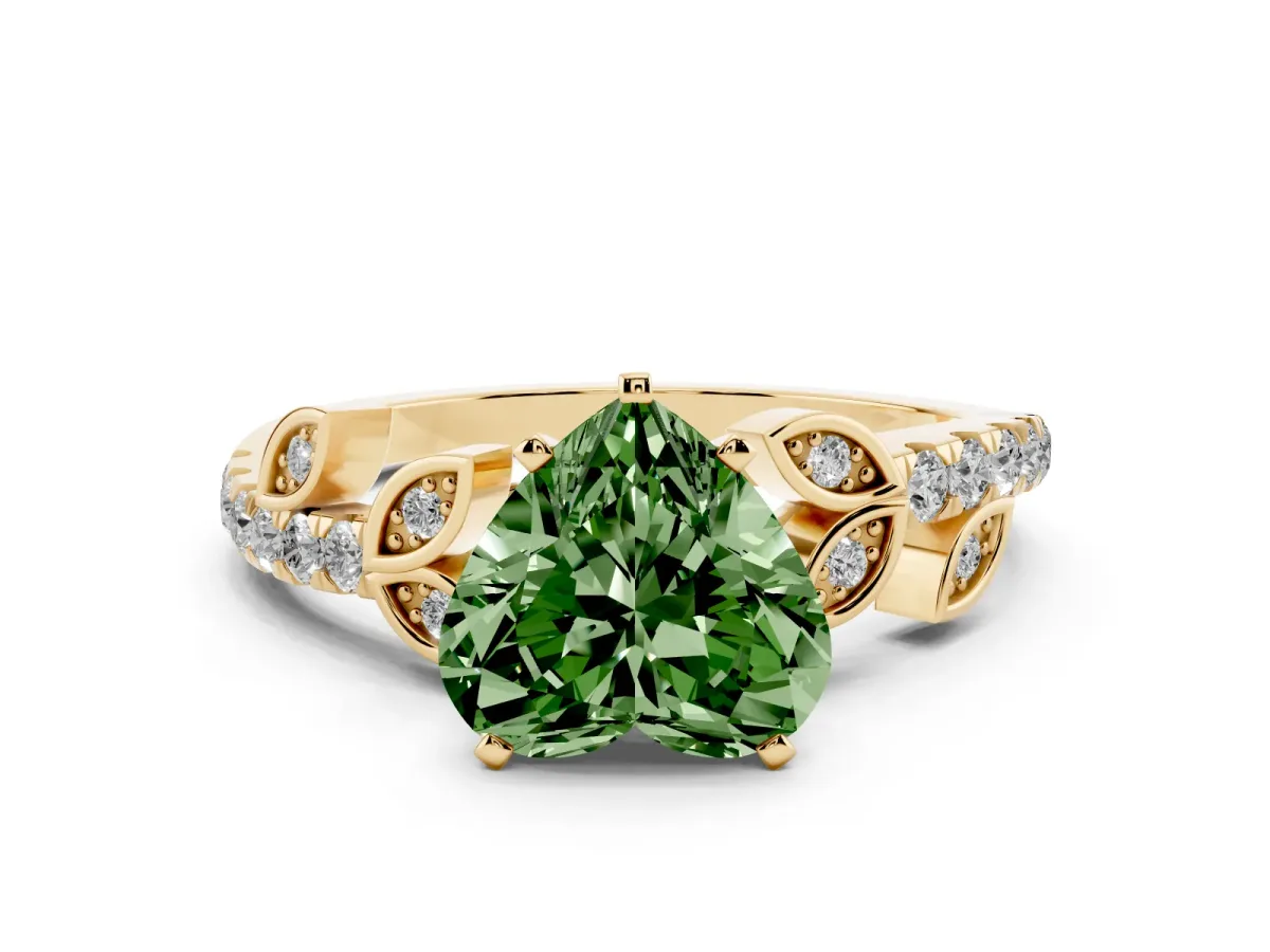 Fancy Green Heart Cut Solitaire Leaf-Inspired Diamond Ring with Pavé Band and Four-Prong Setting Yellow gold