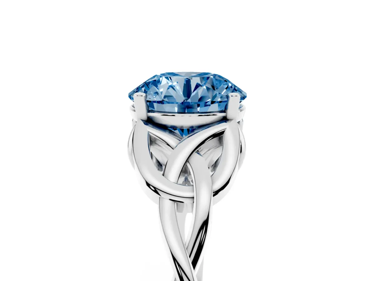 Fancy Blue Round Cut Diamond Solitaire Engagement Ring with Celtic Knot Band and Four-Prong Setting Silver