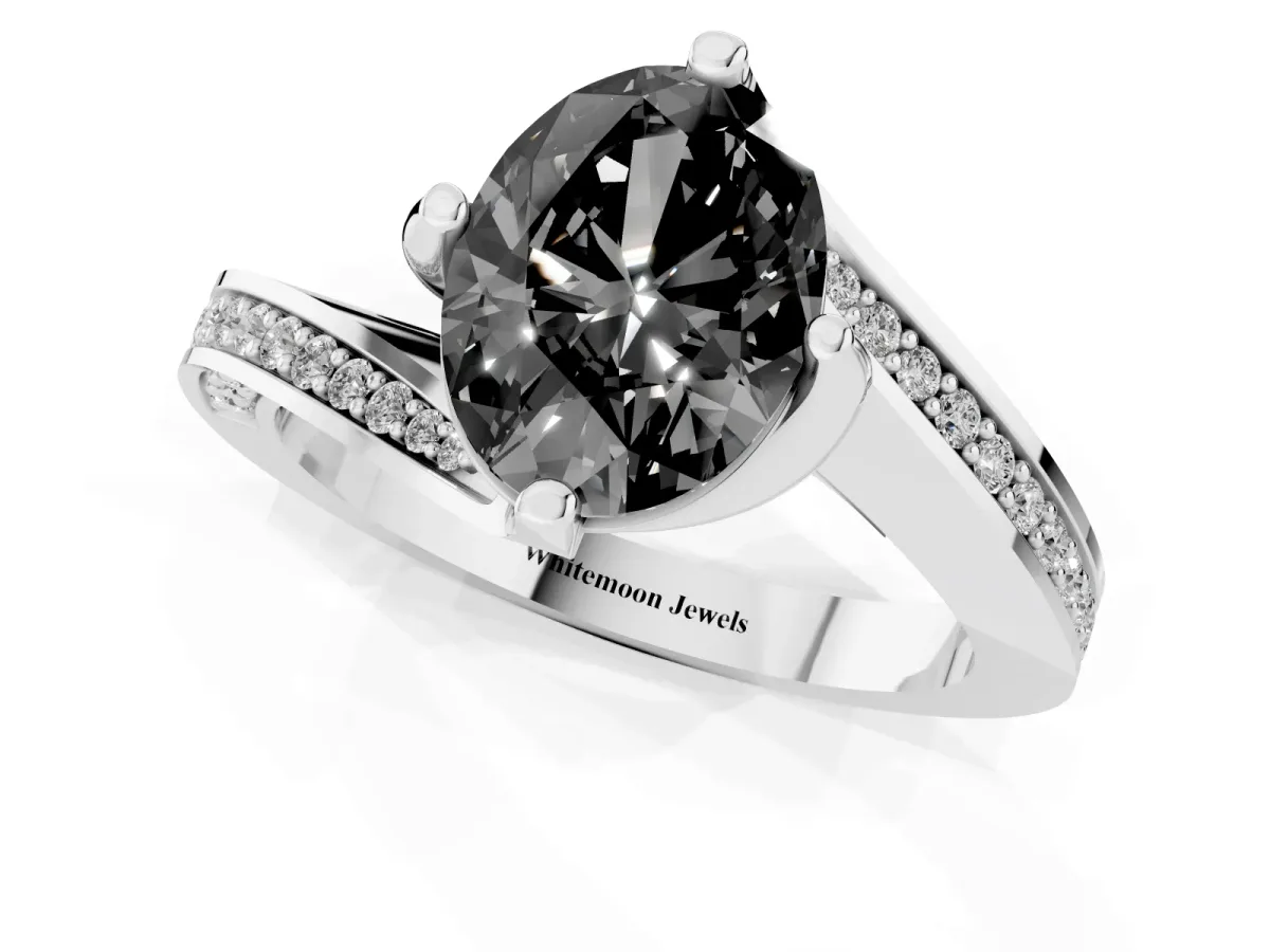 Fancy Black Oval Cut Solitaire Diamond Twist Band with Pavé Setting and Four-Prong Setting Silver