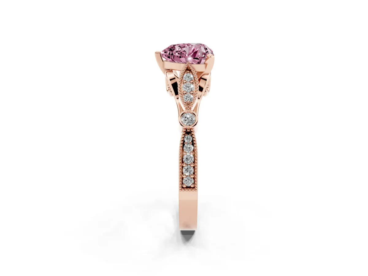Fancy Pink Heart Cut Cut Diamond with Milgrain Marquise and Bezel Accents on a Solitaire Band with Prong Setting Rose gold