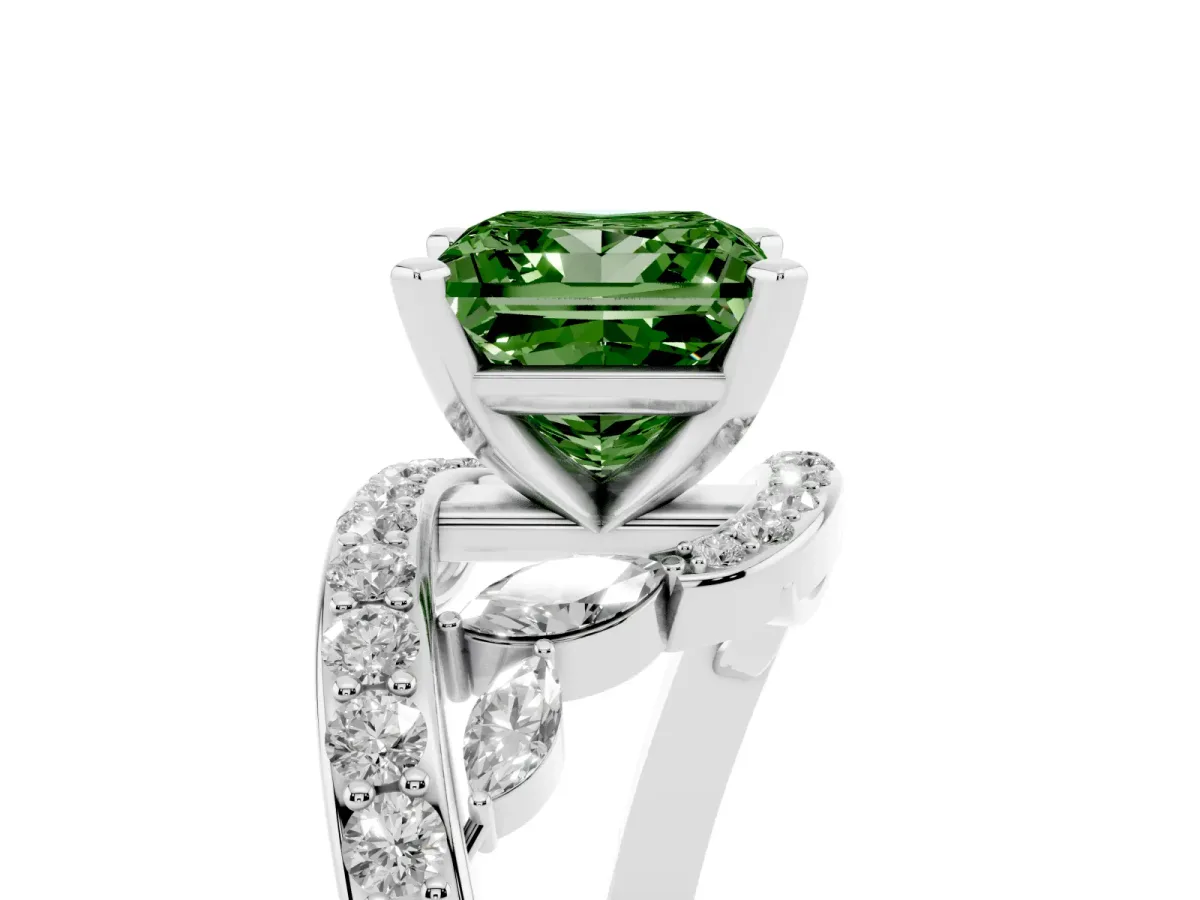 Fancy Green Princess Cut Solitaire with Pavé Twist Band and Four-Prong Setting Platinum