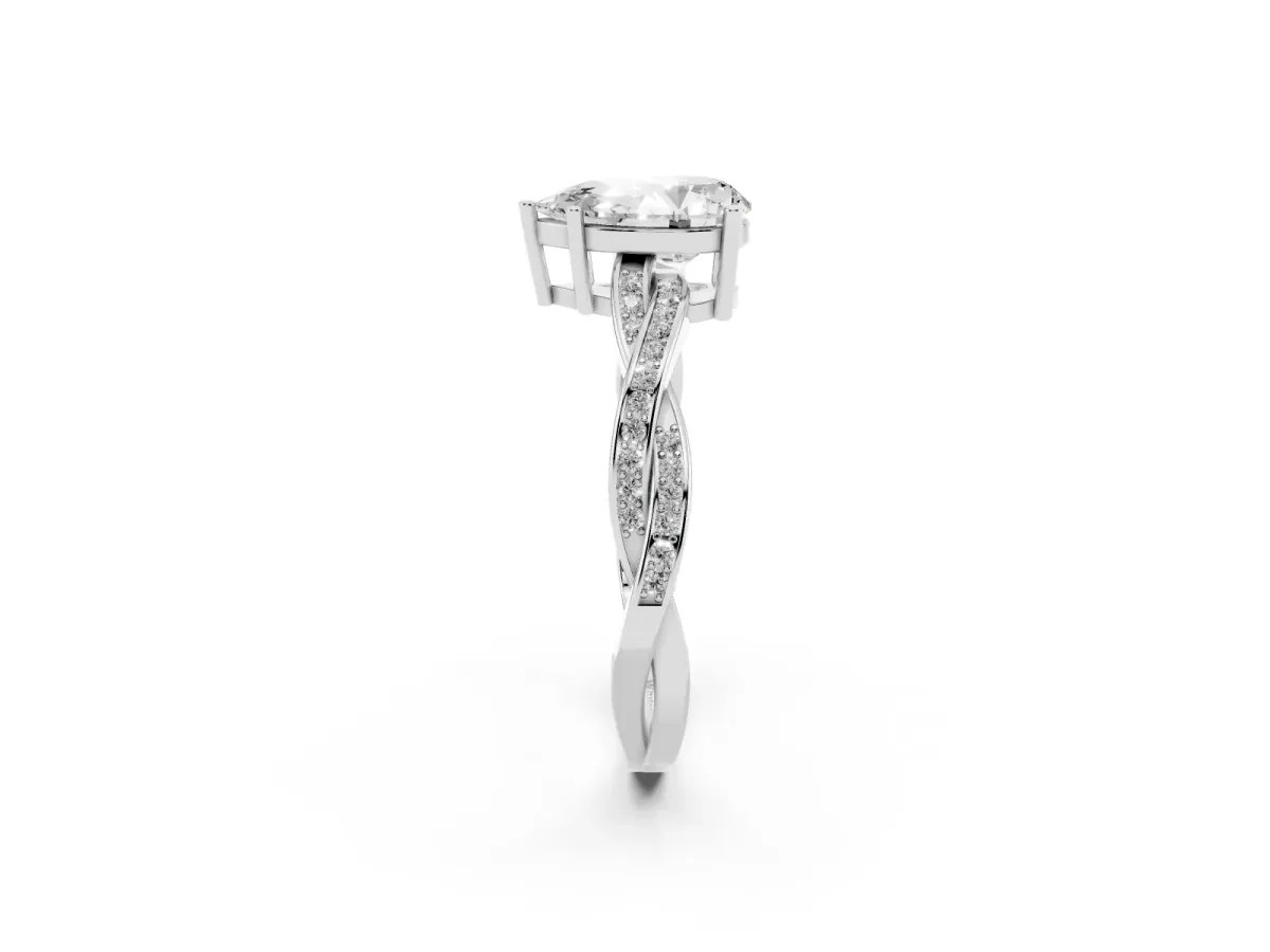 Pear Cut Solitaire Twisted Pave Diamond Ring with Four-Prong Setting White gold