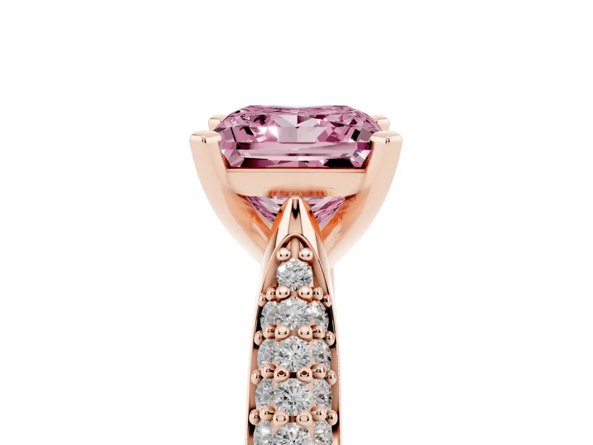 Fancy Pink Princess Cut Diamond Solitaire Engagement Ring with Multi-Row Round Pavé Band and Prong Setting Rose gold