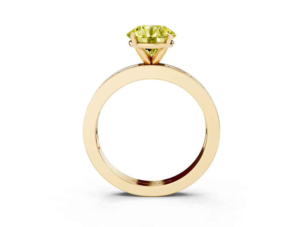 Fancy Yellow Round Cut Solitaire Diamond Ring with Channel-Set Baguette Band and Four-Prong Setting Yellow gold