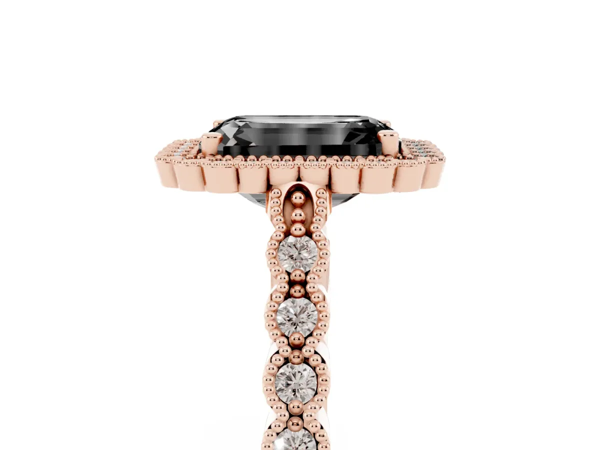 Fancy Black Emerald Cut Cut Halo Pavé Solitaire Ring with Milgrain Band Rose gold