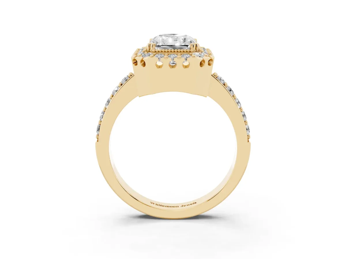 Radiant Cut Diamond Halo Ring with Pavé Band and Prong Setting Yellow gold