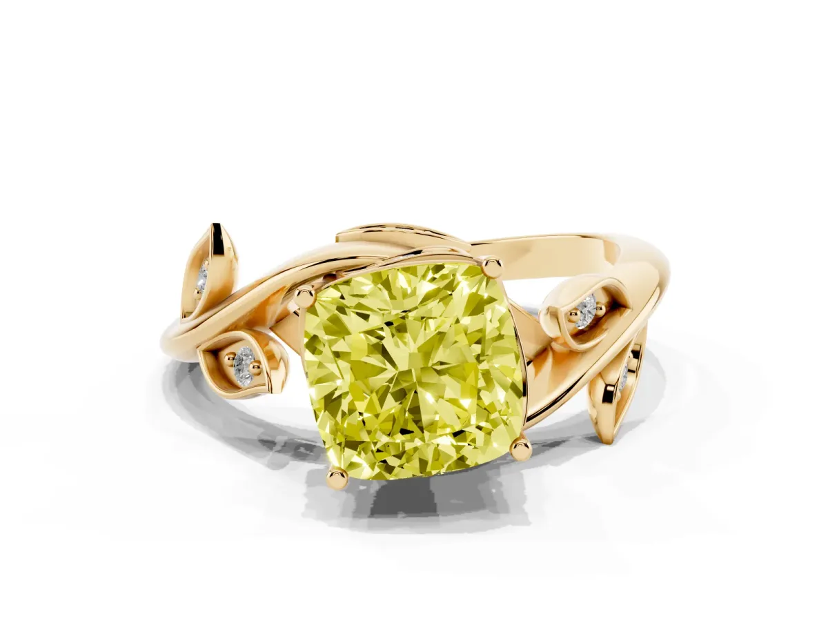 Fancy Yellow Cushion Cut Solitaire Twist Engagement Ring with Leaf Accents and Prong Setting Yellow gold