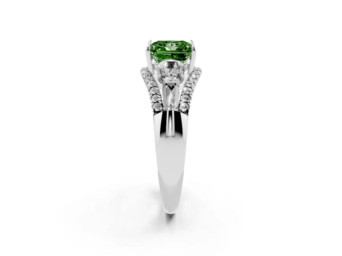 Fancy Green Three-Stone Princess Cut Diamond Engagement Ring with Pave Band and Prong Setting Silver
