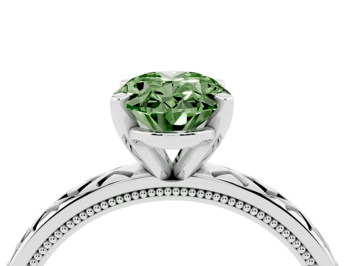 Fancy Green Oval Cut Solitaire Diamond Ring with Milgrain and Black Enamel X Pattern Band Silver