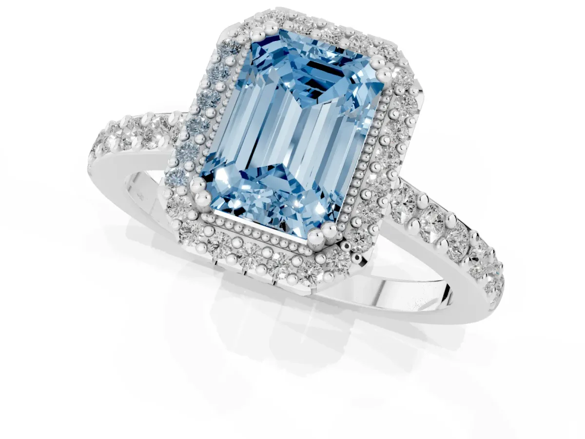 Fancy Blue Emerald Cut Cut Diamond Halo Engagement Ring with Milgrain Detail and Pavé Band White gold