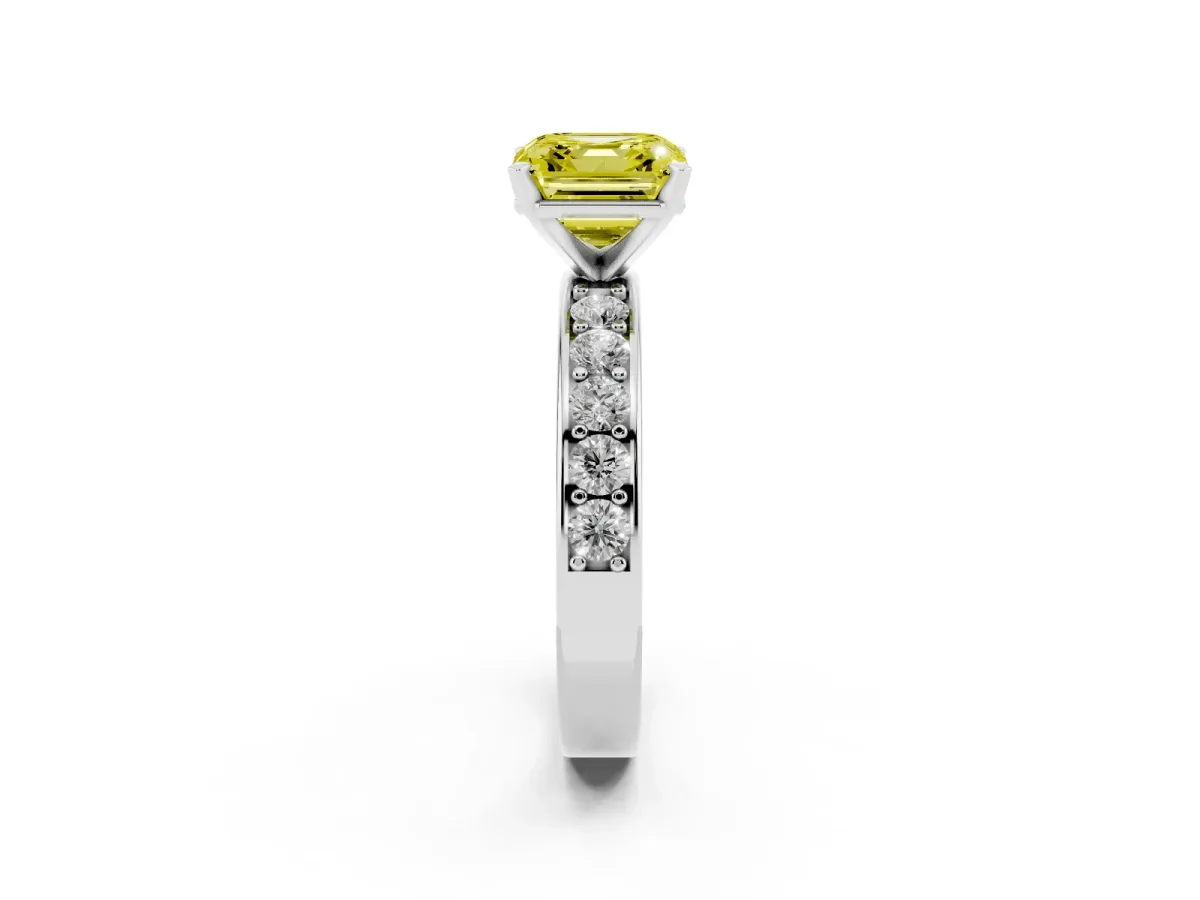 Fancy Yellow Asscher Cut Diamond Engagement Ring with Channel Set Round Band and Prong Setting White gold