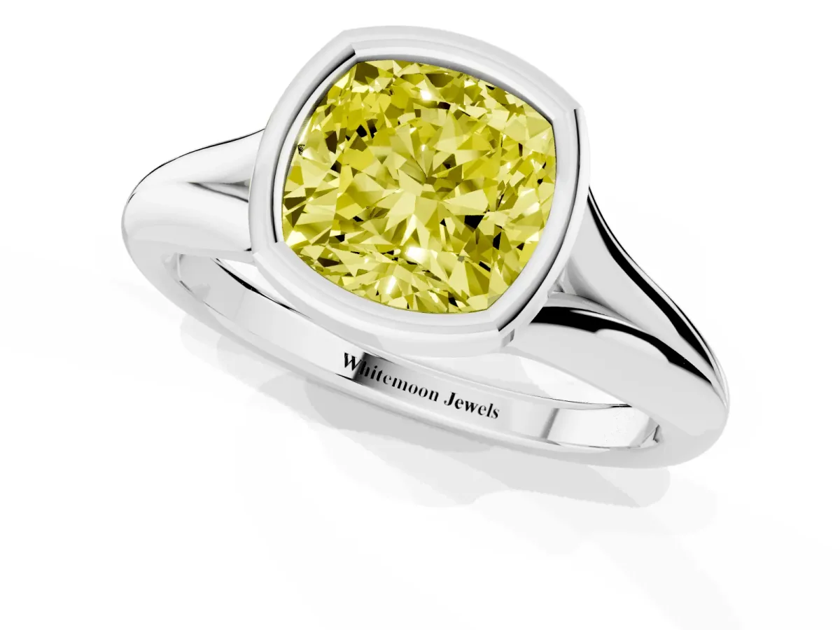 Fancy Yellow Bezel Set Cushion Cut Solitaire Diamond Ring with Smooth Band Silver