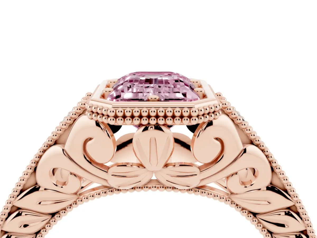 Fancy Pink Bezel Set Emerald Cut Diamond Milgrain Pave Engagement Ring Rose gold