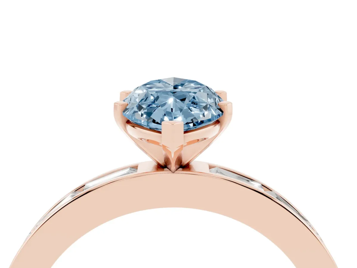 Fancy Blue Marquise Cut Solitaire Diamond Ring with Channel-Set Baguette Band and Four-Prong Setting Rose gold