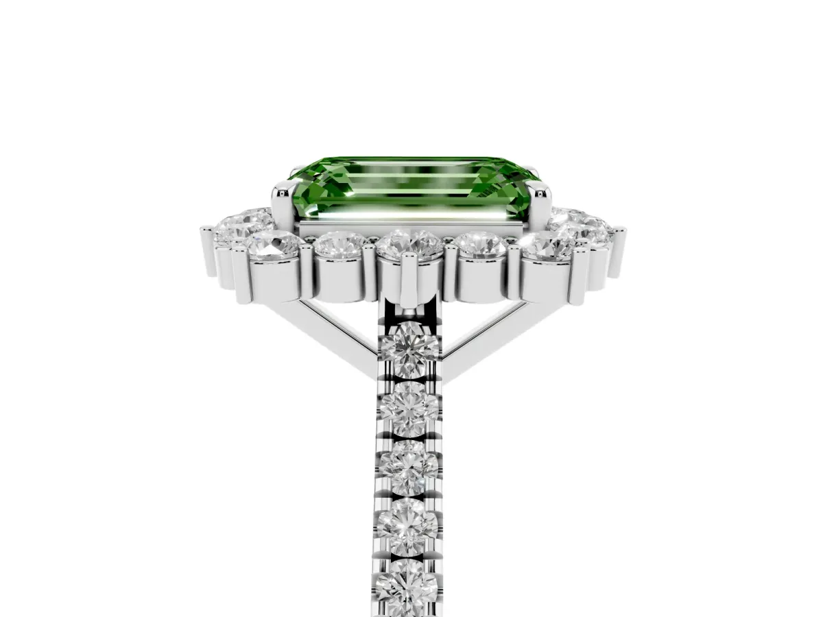 Fancy Green Emerald Cut Halo Diamond Ring with Pavé Band and Prong Setting Silver