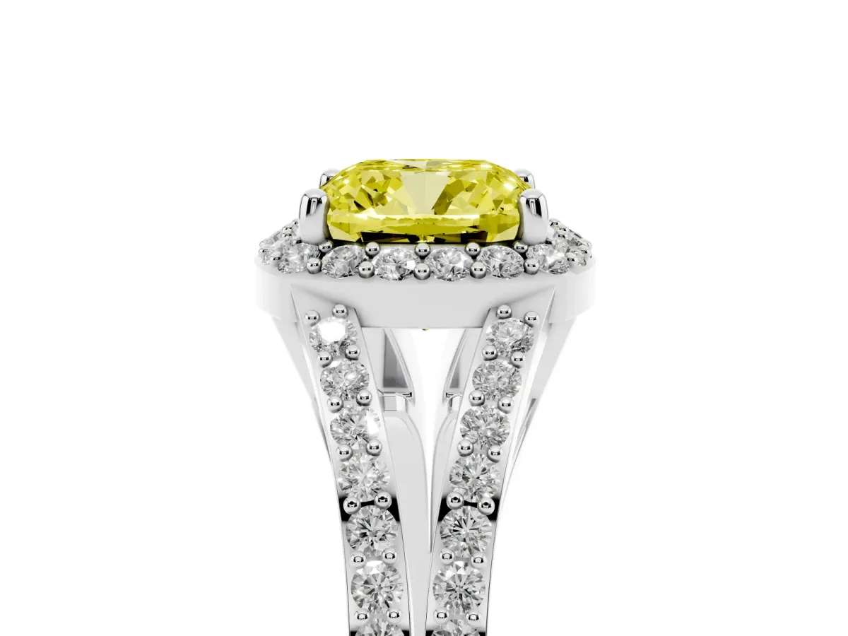 Fancy Yellow Cushion Cut Halo Split Shank Pave Diamond Ring with Four-Prong Setting Silver
