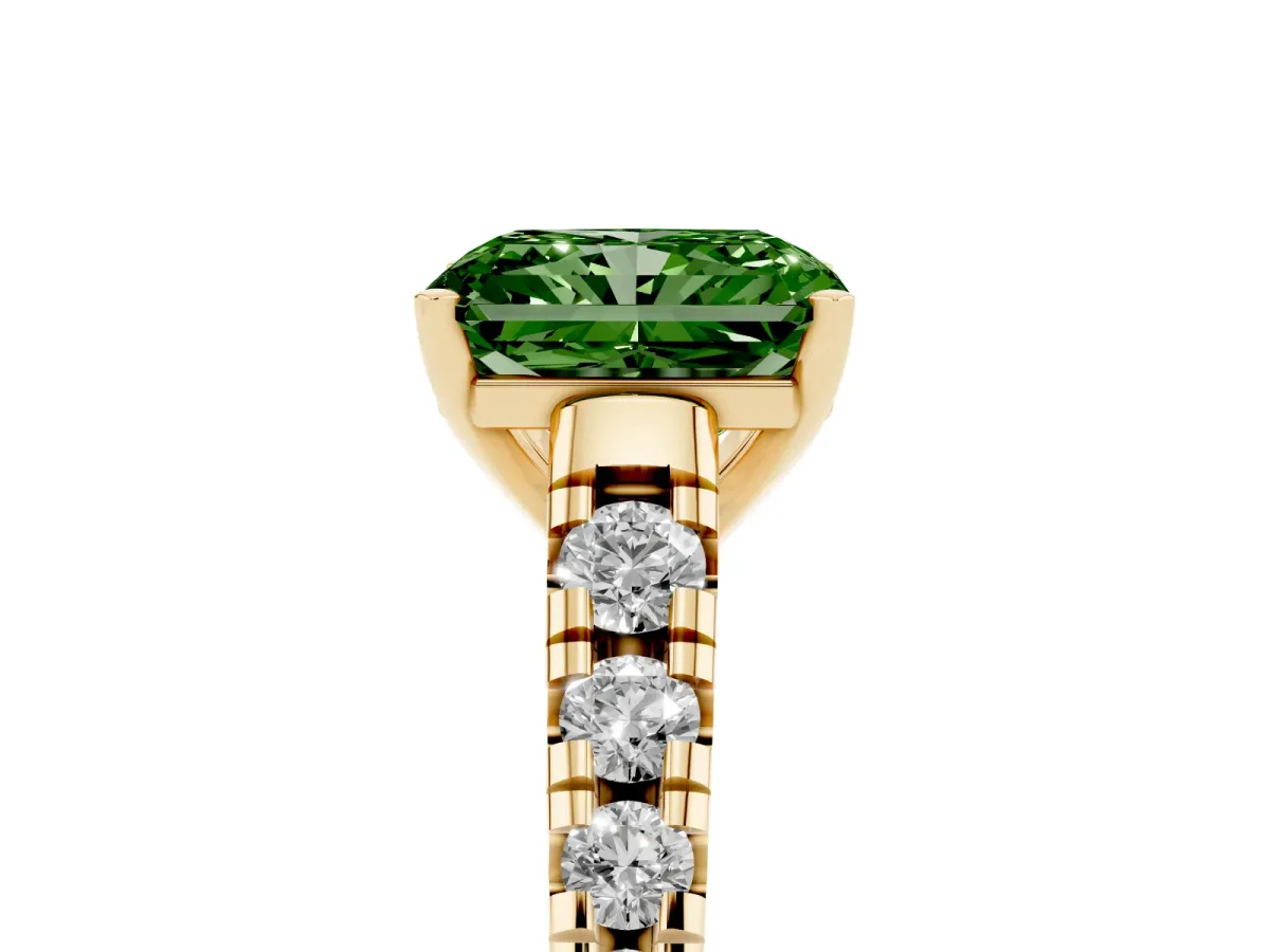 Fancy Green Radiant Cut Diamond Cathedral Solitaire Ring with Round Pavé Band Yellow gold