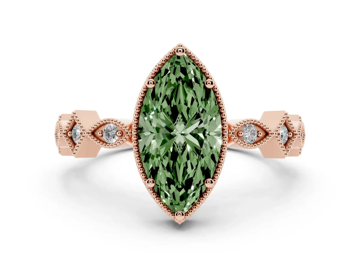 Fancy Green Marquise Cut Milgrain Marquise Diamond Twist Band Ring Rose gold