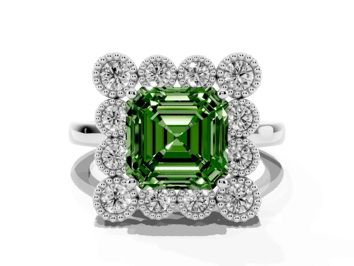 Fancy Green Asscher Cut Halo Diamond Cluster Engagement Ring with Milgrain Bezel Setting and Solitaire Band Silver