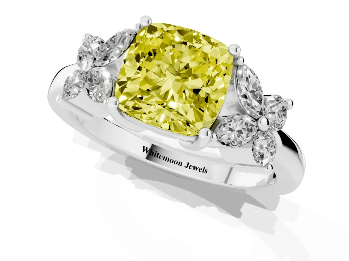 Fancy Yellow Cushion Cut Diamond Floral Cluster Ring with Solitaire Band and Prong Setting Silver