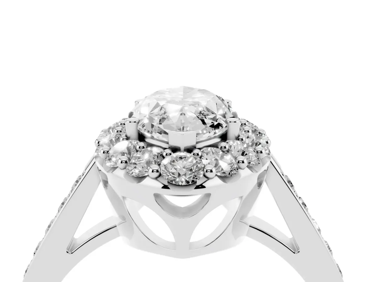 Marquise Cut Diamond Floral Halo Ring with Pavé Band and Prong Setting Platinum