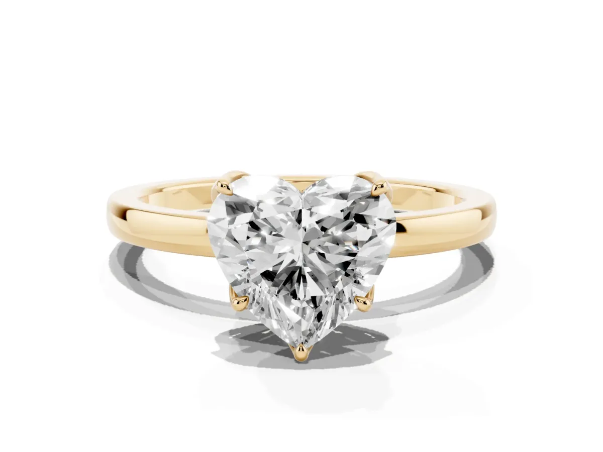 Heart Cut Diamond Solitaire Ring with Thin Band and Prong Setting Yellow gold
