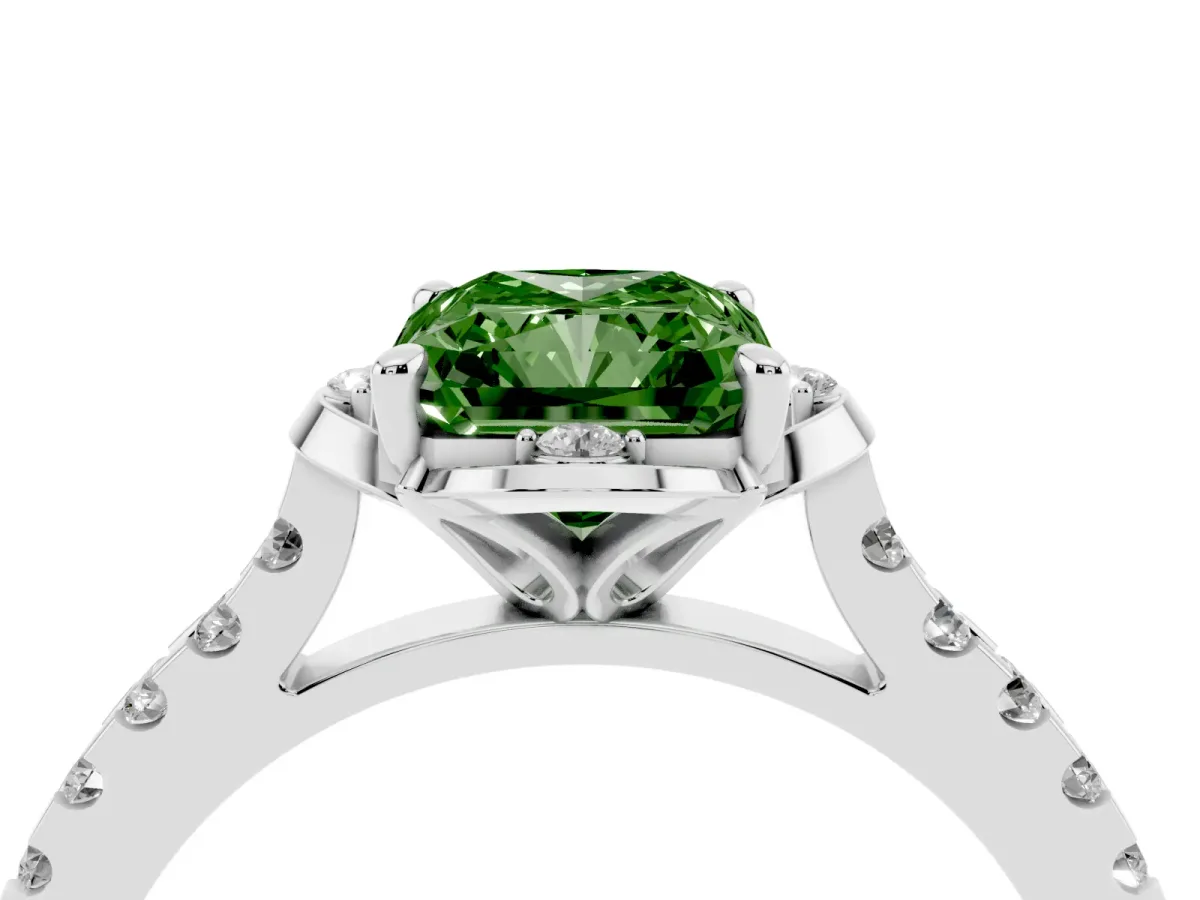 Fancy Green Radiant Cut Diamond Ring with Pavé Band and Floral Prong Setting Platinum