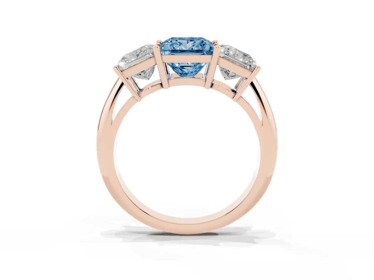 Fancy Blue Three-Stone Princess Cut Cut Diamond Engagement Ring with Prong Setting on a White Gold Band Rose gold