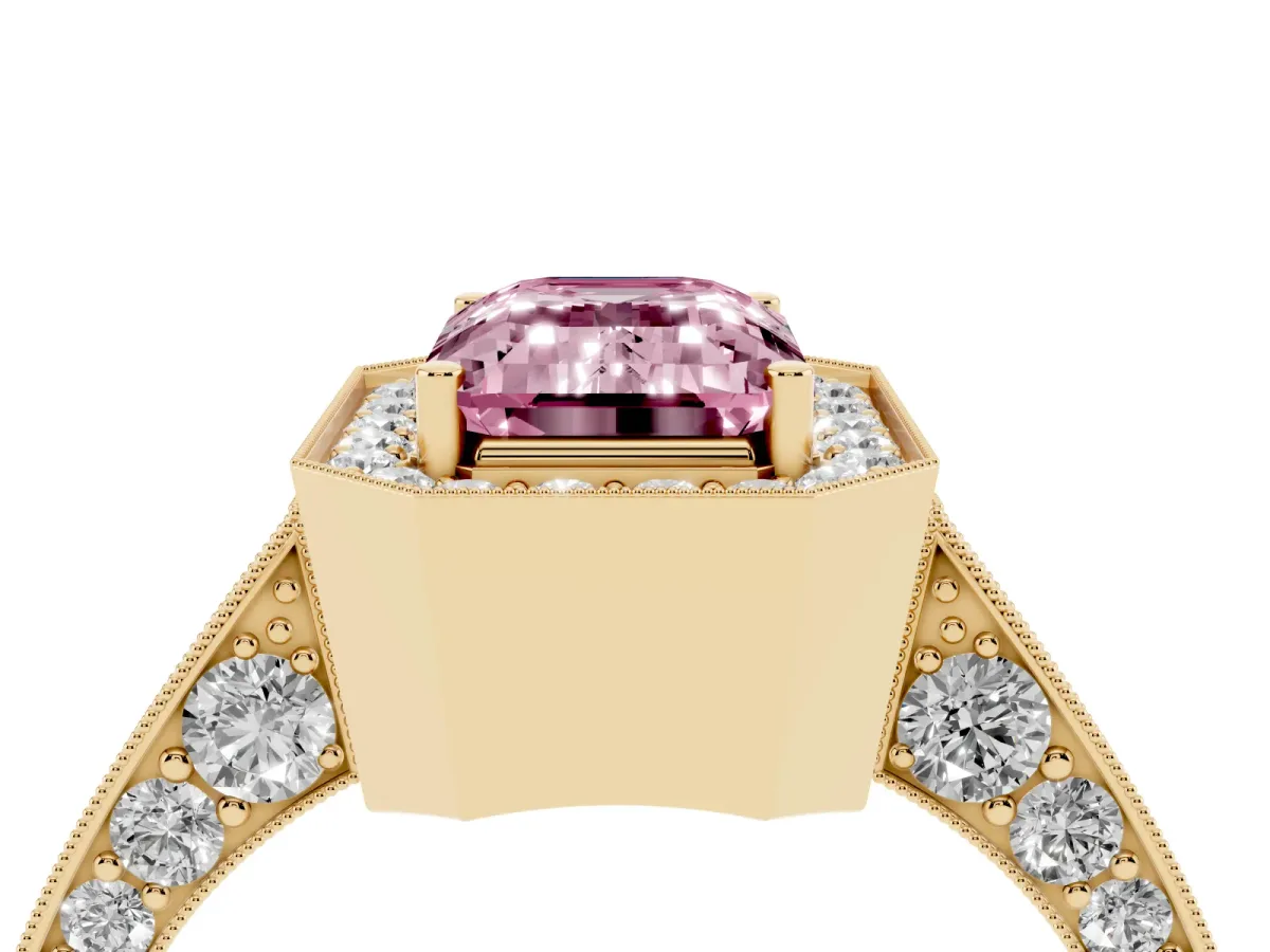 Fancy Pink Emerald Cut Halo Diamond Engagement Ring with Split Shank Band and Four-Prong Setting Yellow gold