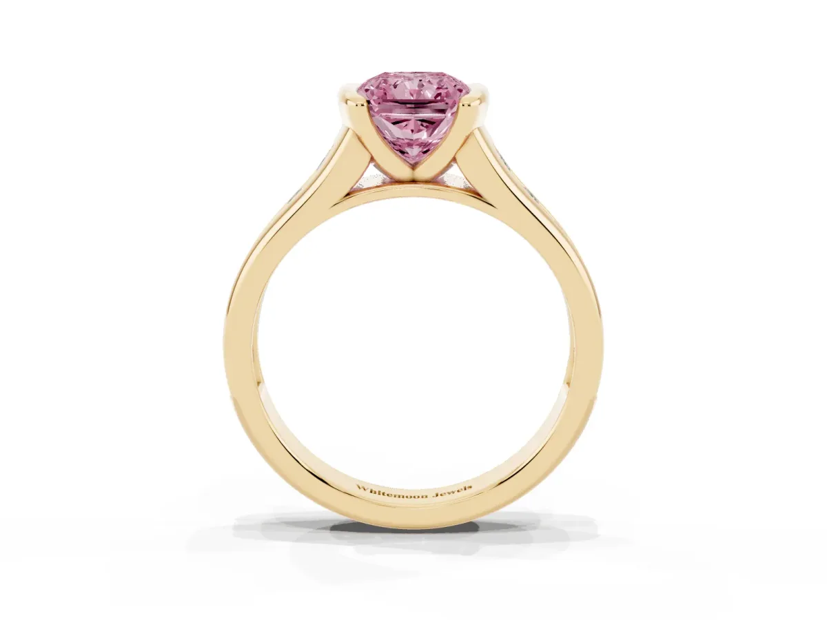 Fancy Pink Radiant Cut Solitaire Bezel-Set Diamond Ring with Channel-Set Band Yellow gold