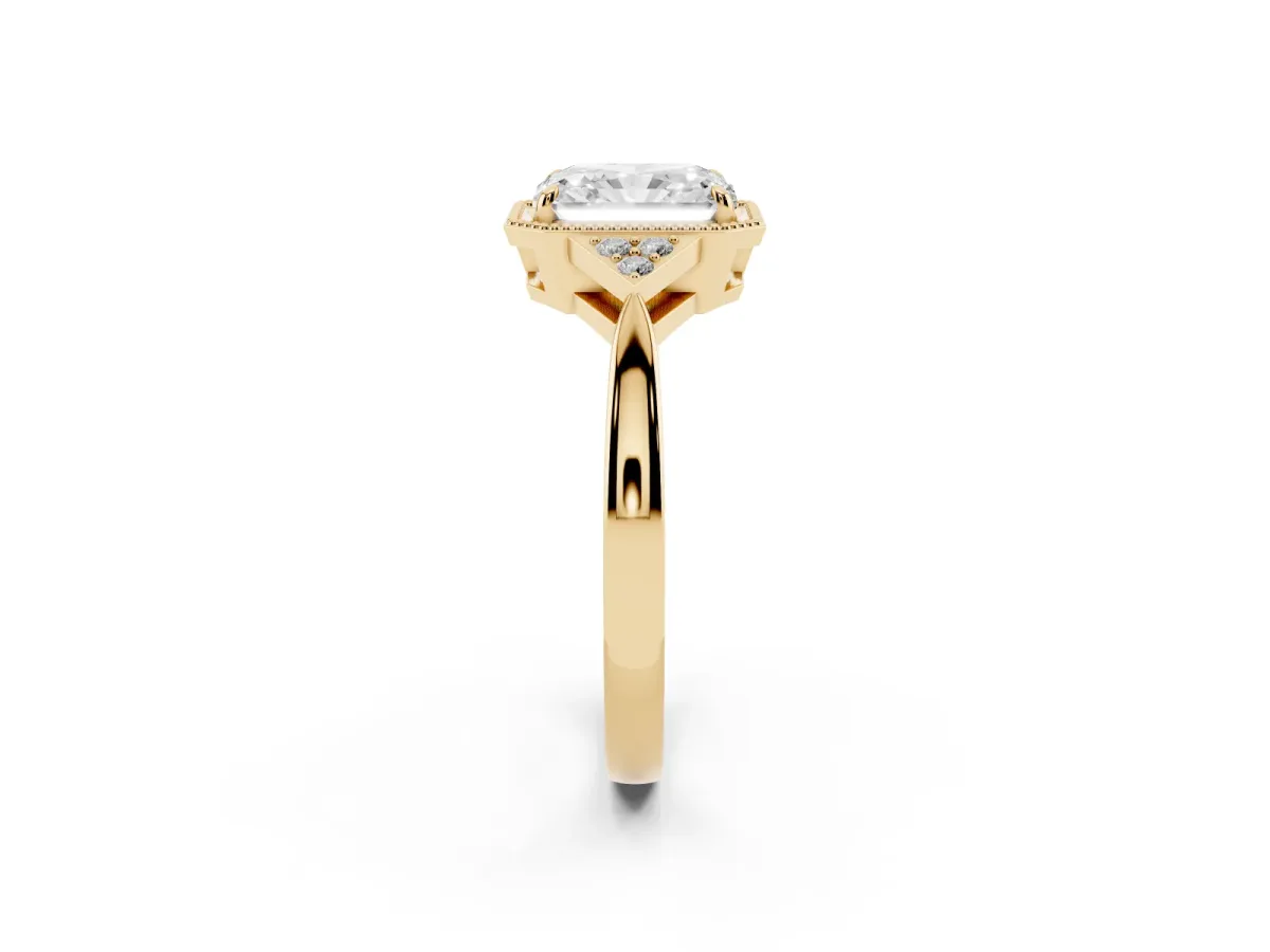 Hexagonal Halo Radiant Cut Diamond Solitaire with Pavé Band and Four-Prong Setting Yellow gold