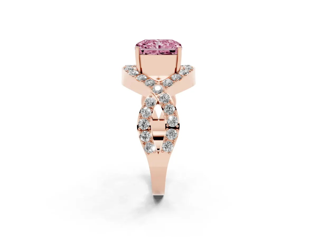 Fancy Pink Radiant Cut Solitaire Twist Band Pavé Diamond Engagement Ring Rose gold