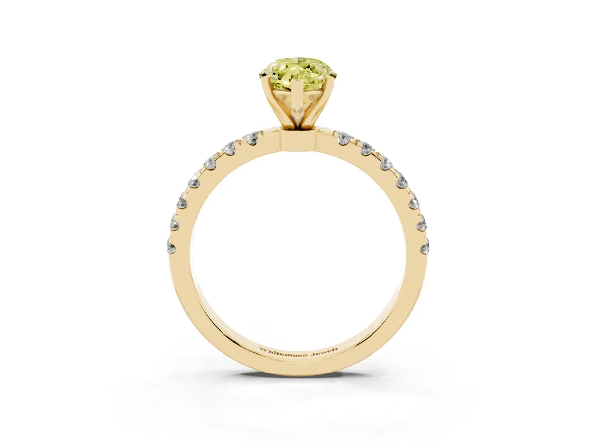 Fancy Yellow Marquise Cut Diamond Solitaire Ring with Pavé Accents and Four-Prong Setting Yellow gold