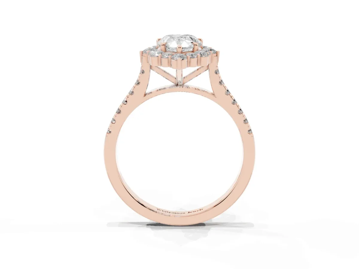 Pear Cut Halo Diamond Ring with Pavé Band and Prong Setting Rose gold