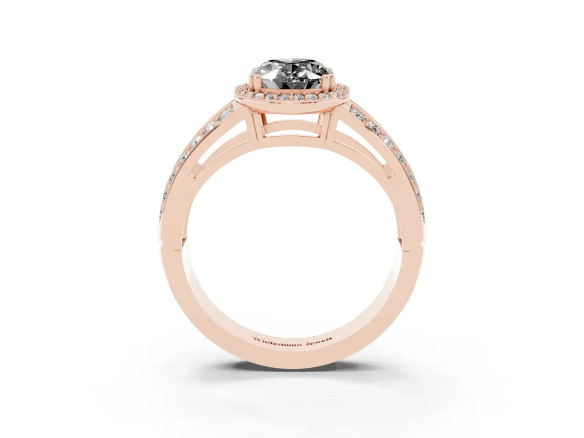 Fancy Black Oval Cut Diamond Halo Ring with Split Shank Pavé Band and Four-Prong Setting Rose gold
