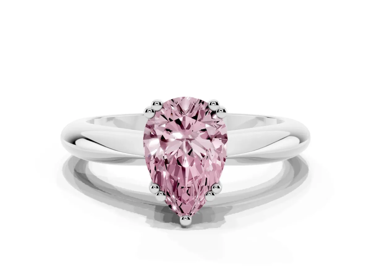 Fancy Pink Pear Cut Cut Solitaire Engagement Ring with Tapered Band and Four-Prong Setting White gold