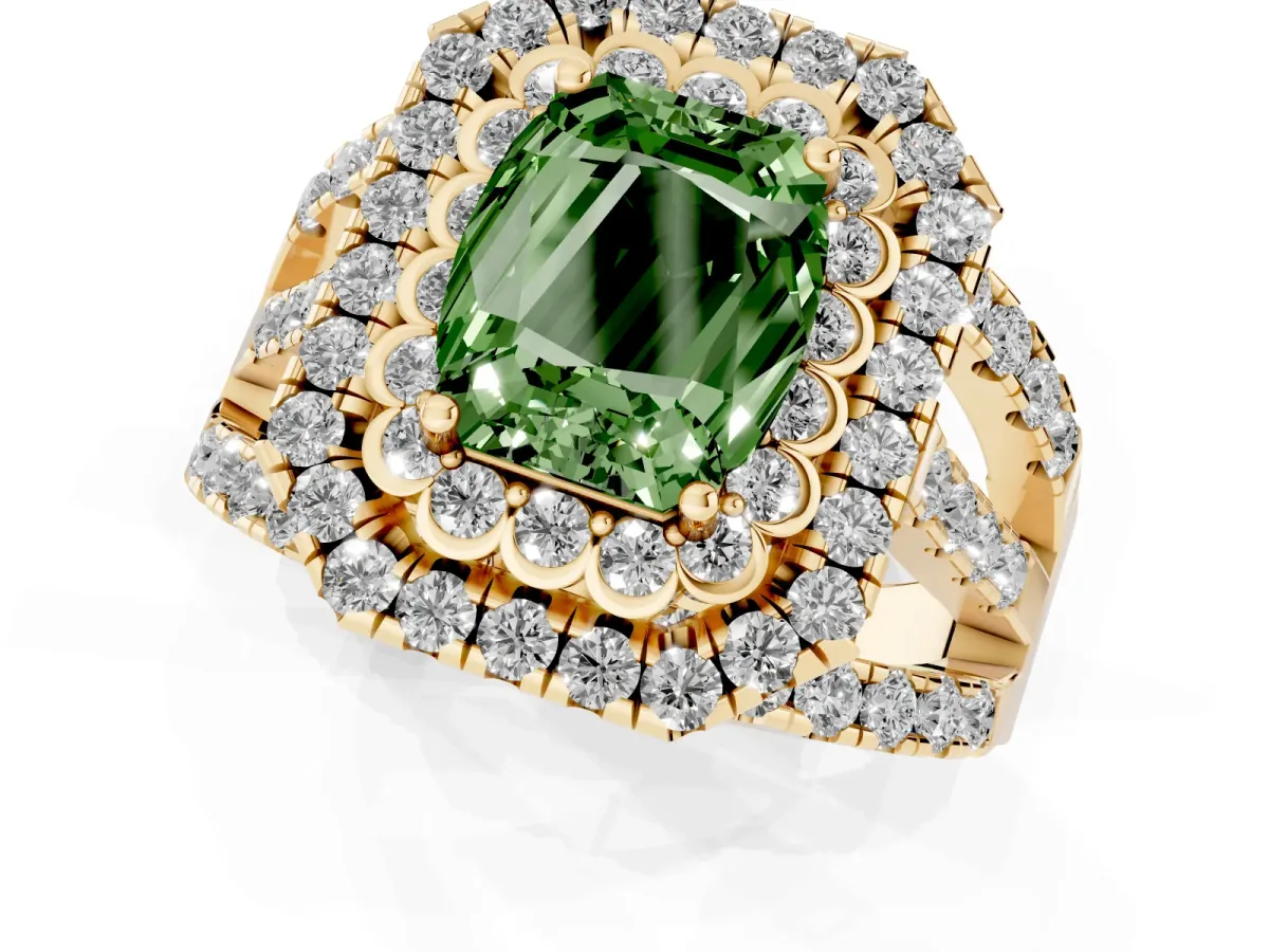 Fancy Green Emerald Cut Diamond Double Halo Ring with Round Pavé Split Shank and Prong Setting Yellow gold